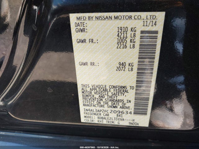 Продаж на аукціоні авто 2015 Nissan Altima 2.5 S, vin: 1N4AL3AP2FC209634, номер лоту: 46397965