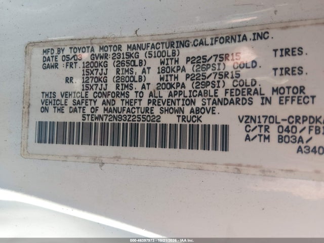 46397973 :رقم المزاد ، 5TEWN72N93Z255022 vin ، 2003 Toyota Tacoma Base V6 مزاد بيع