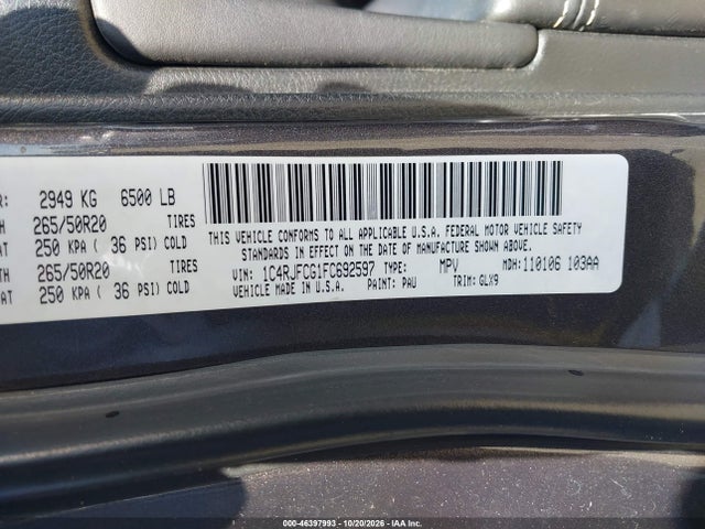 46397993 :رقم المزاد ، 1C4RJFCG1FC692597 vin ، 2015 Jeep Grand Cherokee Overland مزاد بيع