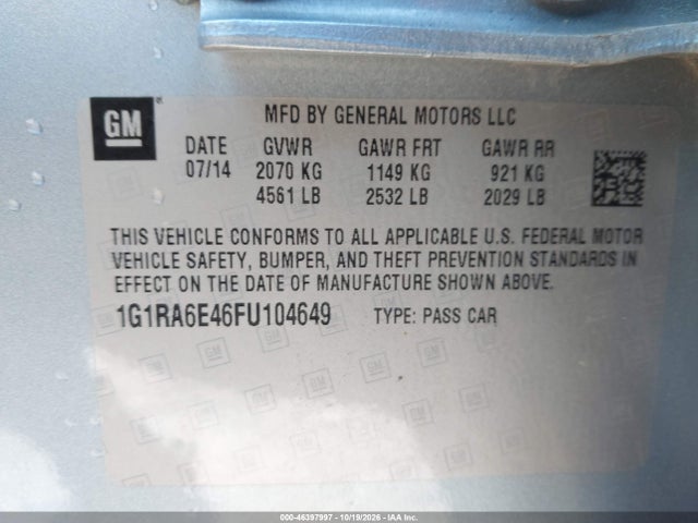46397997 :رقم المزاد ، 1G1RA6E46FU104649 vin ، 2015 Chevrolet Volt مزاد بيع