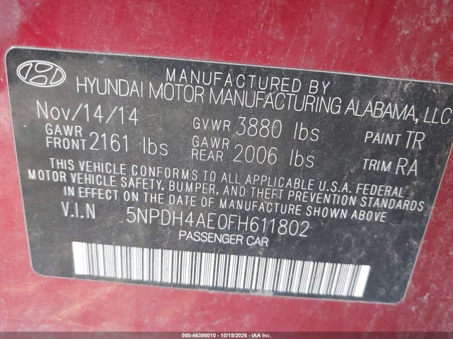 46398010 :رقم المزاد ، 5NPDH4AE0FH611802 vin ، 2015 Hyundai Elantra Se مزاد بيع