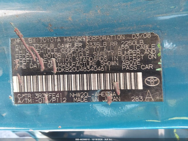 Aukcja sprzedaży 2008 Toyota Prius, vin: JTDKB20U483404611, numer aukcji: 46398015