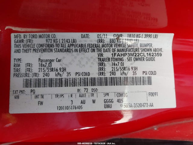 Продаж на аукціоні авто 2012 Ford Focus Sel, vin: 1FAHP3M22CL162359, номер лоту: 46398016