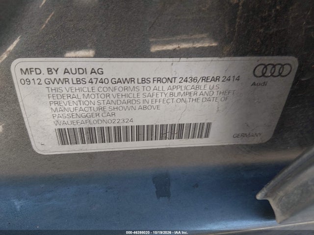 46398020 :رقم المزاد ، WAUEFAFL0DN022324 vin ، 2013 Audi A4 2.0t Premium مزاد بيع