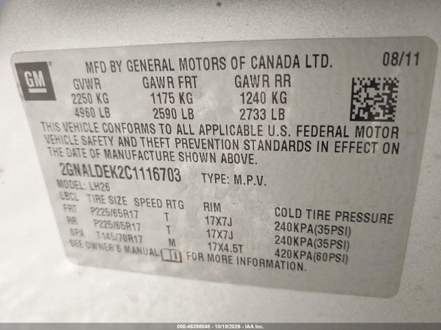 Aukcja sprzedaży 2012 Chevrolet Equinox 1lt, vin: 2GNALDEK2C1116703, numer aukcji: 46398048