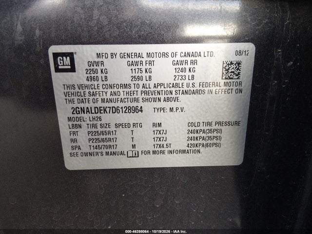 Aukcja sprzedaży 2013 Chevrolet Equinox 1lt, vin: 2GNALDEK7D6128964, numer aukcji: 46398064