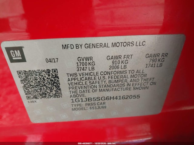 Продажа на аукционе авто 2017 Chevrolet Sonic Ls Auto, vin: 1G1JB5SG6H4162055, номер лота: 46398071