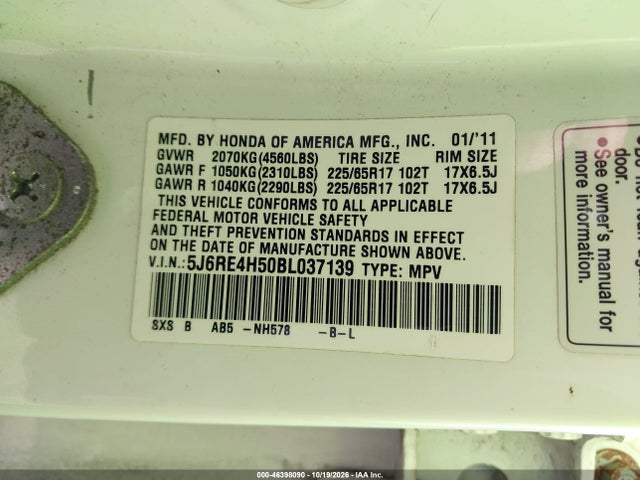 Aukcja sprzedaży 2011 Honda Cr-v Ex, vin: 5J6RE4H50BL037139, numer aukcji: 46398090