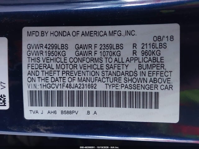 46398091 :رقم المزاد ، 1HGCV1F48JA231692 vin ، 2018 Honda Accord Ex مزاد بيع