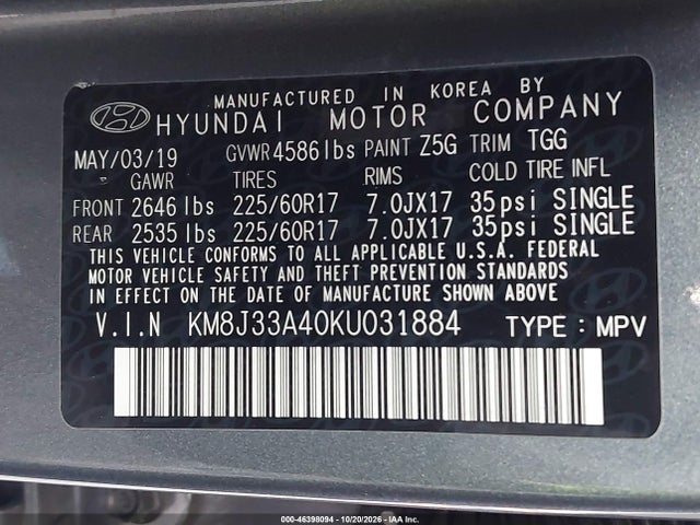 Aukcja sprzedaży 2019 Hyundai Tucson Value, vin: KM8J33A40KU031884, numer aukcji: 46398094