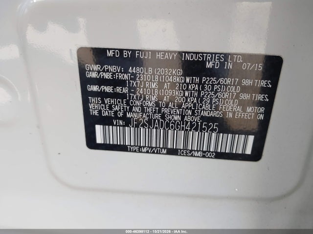 46398112 :رقم المزاد ، JF2SJADC6GH421525 vin ، 2016 Subaru Forester 2.5i Premium مزاد بيع
