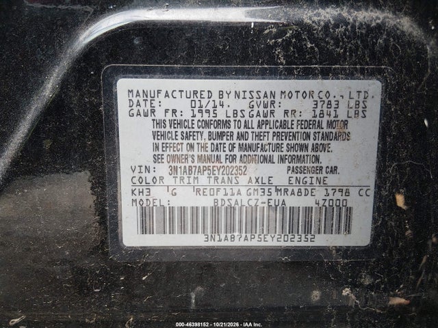 2014 Nissan Sentra S მანქანა იყიდება აუქციონზე, vin: 3N1AB7AP5EY202352, აუქციონის ნომერი: 46398152
