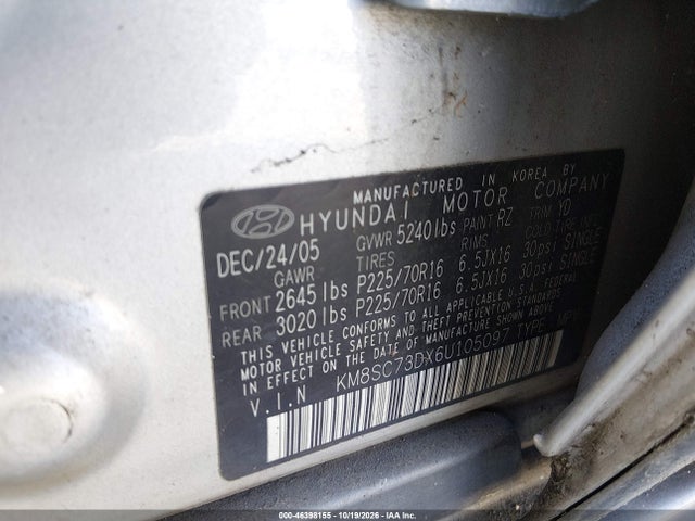 Продаж на аукціоні авто 2006 Hyundai Santa Fe Gls, vin: KM8SC73DX6U105097, номер лоту: 46398155