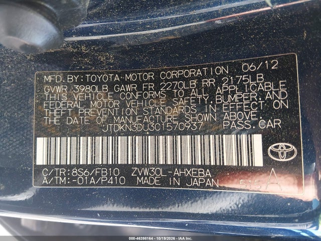 Aukcja sprzedaży 2012 Toyota Prius Two, vin: JTDKN3DU3C1570937, numer aukcji: 46398164