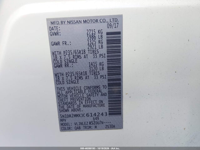 46398193 :رقم المزاد ، 5N1DR2MMXJC614243 vin ، 2018 Nissan Pathfinder Sv مزاد بيع