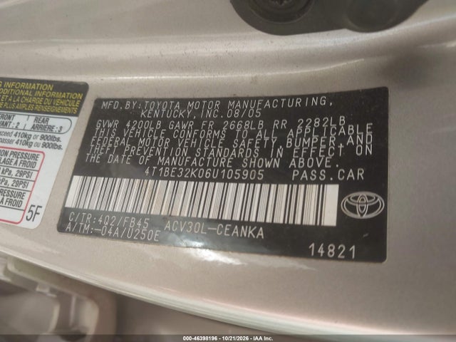2006 Toyota Camry Le მანქანა იყიდება აუქციონზე, vin: 4T1BE32K06U105905, აუქციონის ნომერი: 46398196