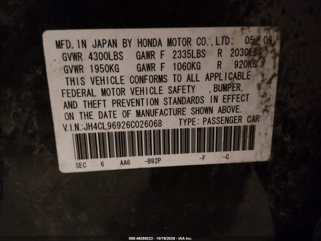 46398222 :رقم المزاد ، JH4CL96926C026068 vin ، 2006 Acura Tsx مزاد بيع