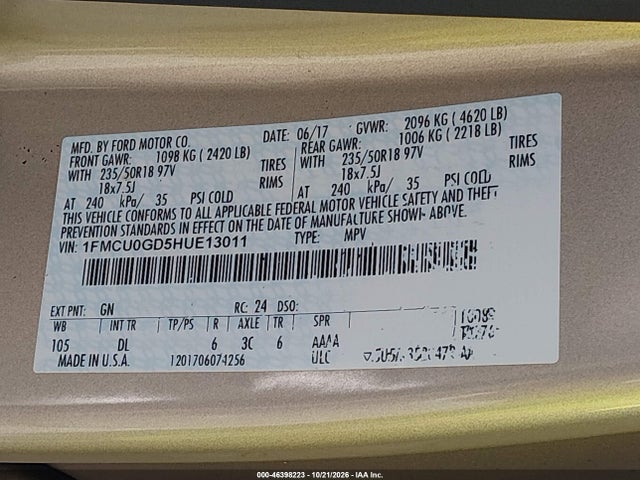 Продажа на аукционе авто 2017 Ford Escape Se, vin: 1FMCU0GD5HUE13011, номер лота: 46398223