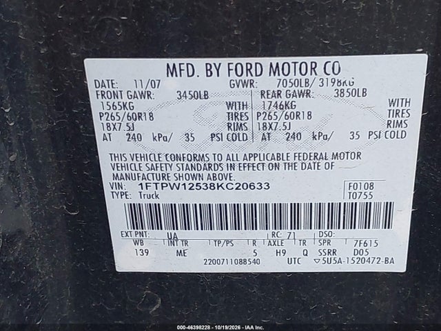 Продаж на аукціоні авто 2008 Ford F-150 60th Anniversary/fx2/king Ranch/lariat/limited/xlt, vin: 1FTPW12538KC20633, номер лоту: 46398228
