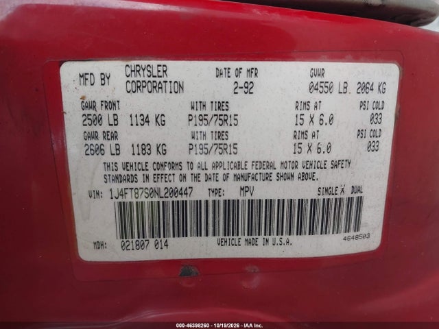 1992 Jeep Cherokee Sport მანქანა იყიდება აუქციონზე, vin: 1J4FT87S0NL200447, აუქციონის ნომერი: 46398260