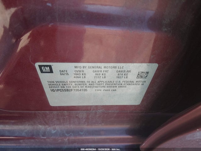 46398264 :رقم المزاد ، 1G1PC5SB2F7264105 vin ، 2015 Chevrolet Cruze 1lt Auto مزاد بيع