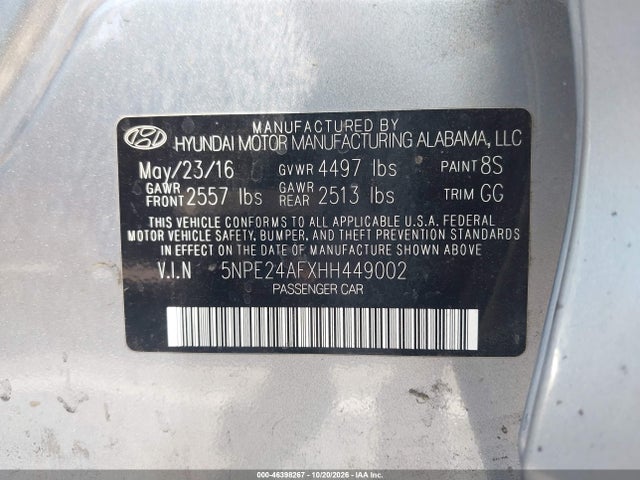 Aukcja sprzedaży 2017 Hyundai Sonata Se, vin: 5NPE24AFXHH449002, numer aukcji: 46398267