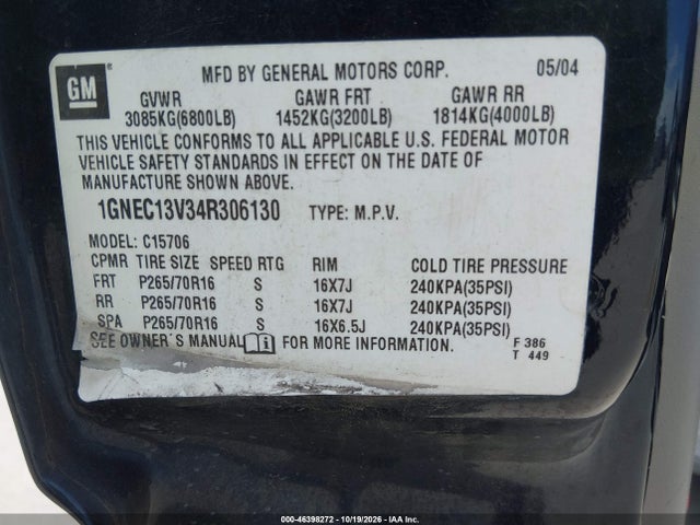 46398272 :رقم المزاد ، 1GNEC13V34R306130 vin ، 2004 Chevrolet Tahoe Ls مزاد بيع