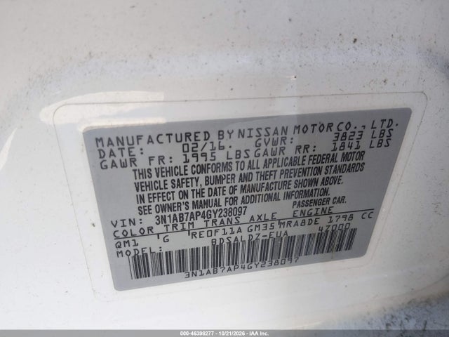 Aukcja sprzedaży 2016 Nissan Sentra Fe+ S/s/sl/sr/sv, vin: 3N1AB7AP4GY238097, numer aukcji: 46398277