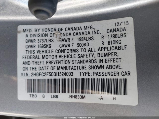 Продаж на аукціоні авто 2016 Honda Civic Lx, vin: 2HGFC2F50GH524093, номер лоту: 46398291
