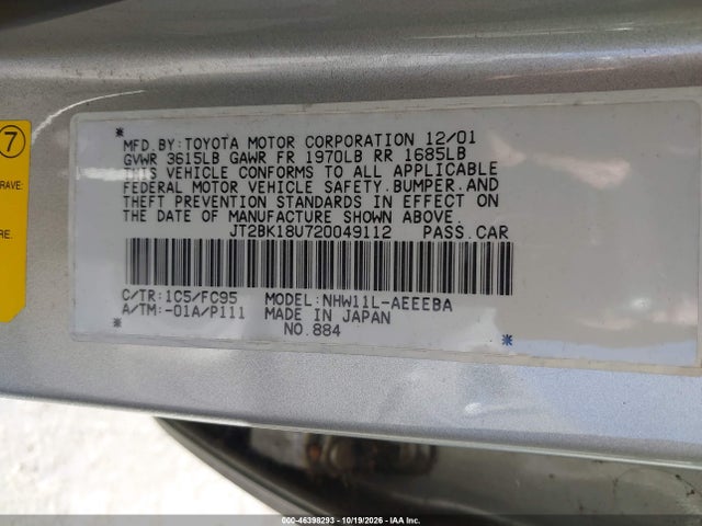 Aukcja sprzedaży 2002 Toyota Prius, vin: JT2BK18U720049112, numer aukcji: 46398293