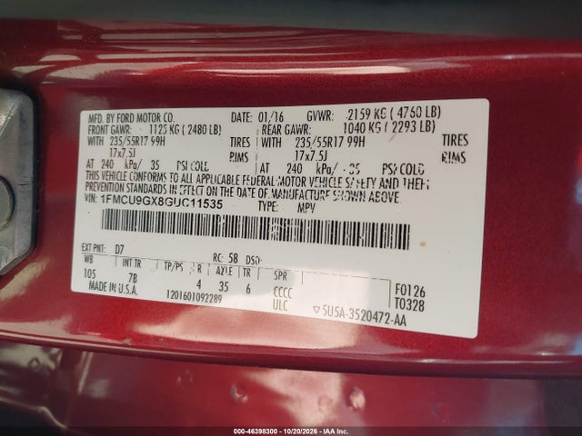 46398300 :رقم المزاد ، 1FMCU9GX8GUC11535 vin ، 2016 Ford Escape Se مزاد بيع