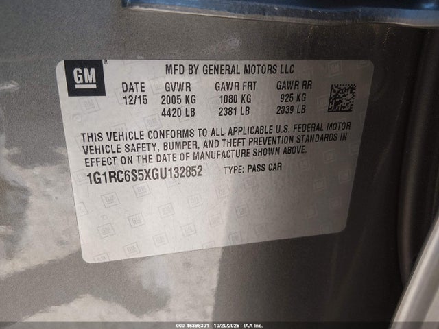 46398301 :رقم المزاد ، 1G1RC6S5XGU132852 vin ، 2016 Chevrolet Volt Lt مزاد بيع