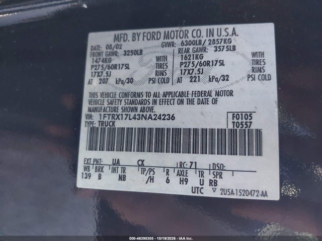 Продаж на аукціоні авто 2003 Ford F-150 Lariat/xl/xlt, vin: 1FTRX17L43NA24236, номер лоту: 46398305