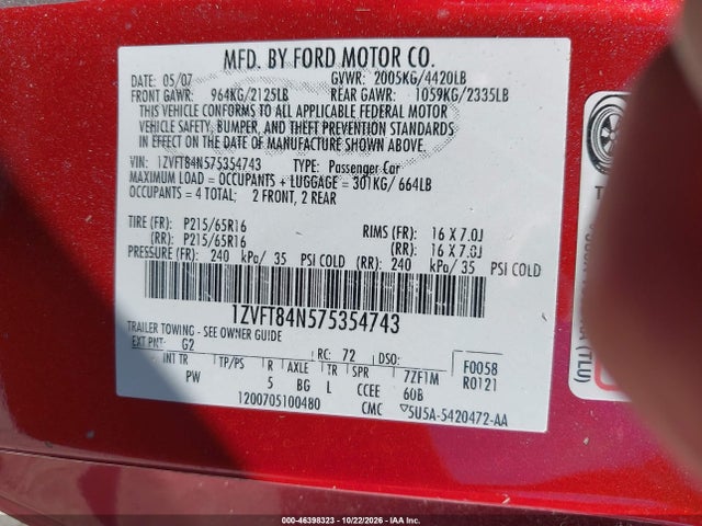 2007 Ford Mustang V6 Deluxe/v6 Premium მანქანა იყიდება აუქციონზე, vin: 1ZVFT84N575354743, აუქციონის ნომერი: 46398323