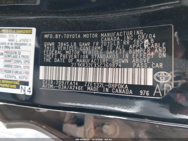 Продаж на аукціоні авто 2005 Toyota Matrix, vin: 2T1KR32EX5C369874, номер лоту: 46398327