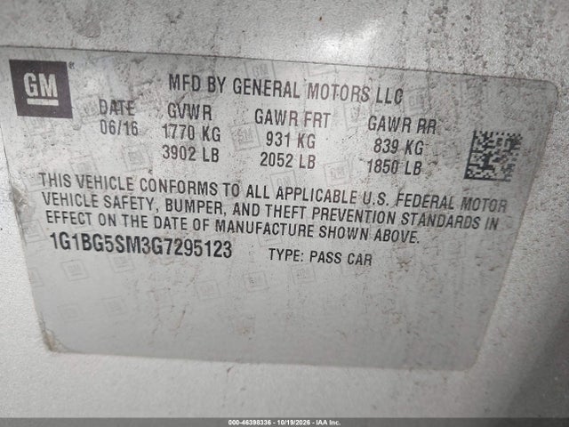Aukcja sprzedaży 2016 Chevrolet Cruze Premier Auto, vin: 1G1BG5SM3G7295123, numer aukcji: 46398336