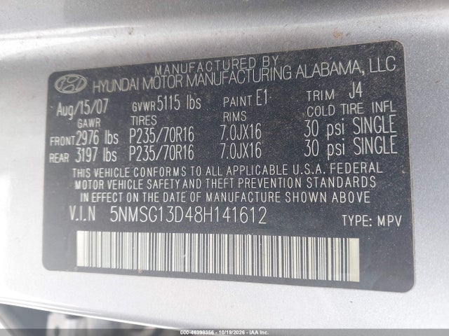 46398356 :رقم المزاد ، 5NMSG13D48H141612 vin ، 2008 Hyundai Santa Fe Gls مزاد بيع