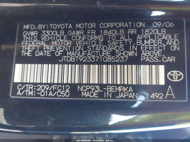 46398369 :رقم المزاد ، JTDBT923371085237 vin ، 2007 Toyota Yaris مزاد بيع