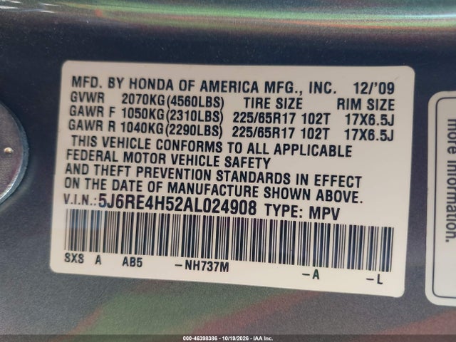 46398386 :رقم المزاد ، 5J6RE4H52AL024908 vin ، 2010 Honda Cr-v Ex مزاد بيع