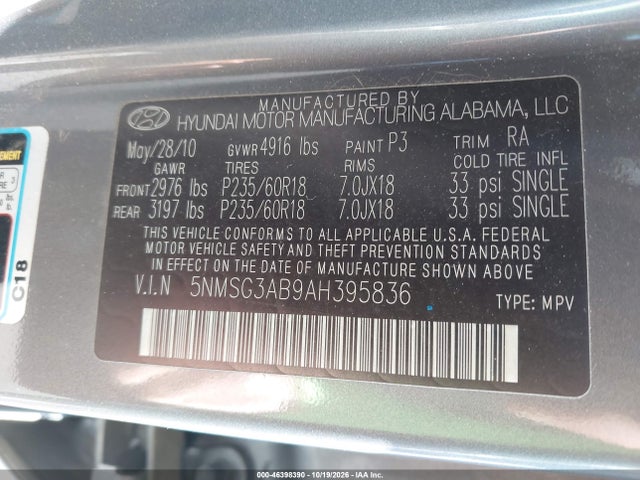 46398390 :رقم المزاد ، 5NMSG3AB9AH395836 vin ، 2010 Hyundai Santa Fe Gls مزاد بيع