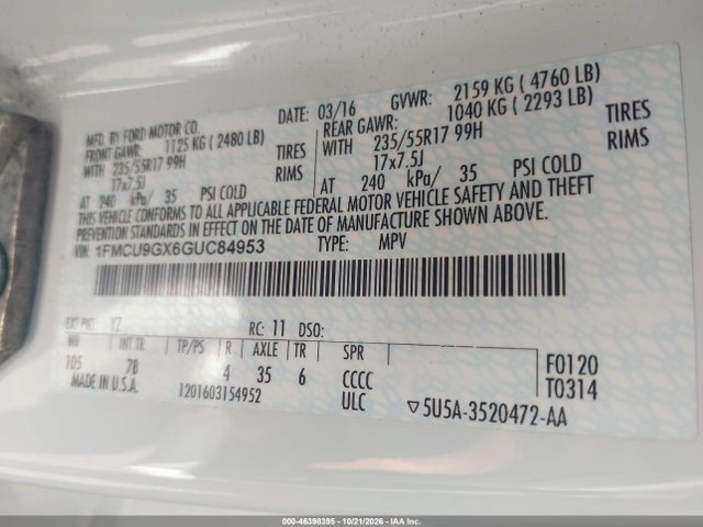 Aukcja sprzedaży 2016 Ford Escape Se, vin: 1FMCU9GX6GUC84953, numer aukcji: 46398395