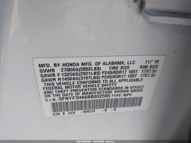 Aukcja sprzedaży 2011 Honda Pilot Ex-l, vin: 5FNYF3H66BB032595, numer aukcji: 46398404