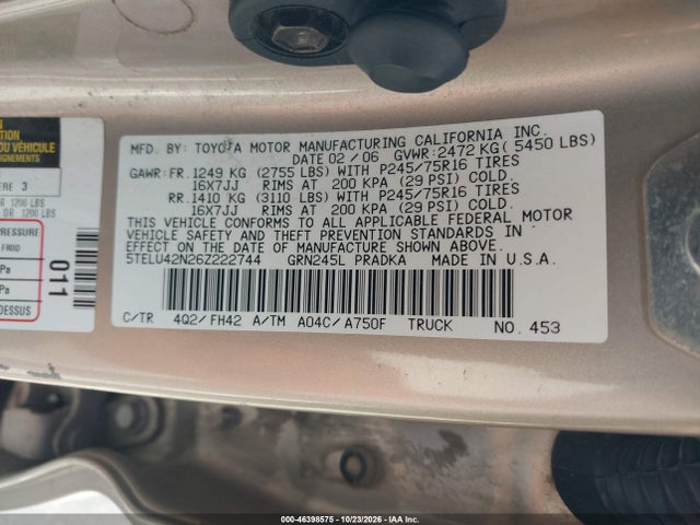Продаж на аукціоні авто 2006 Toyota Tacoma Base V6, vin: 5TELU42N26Z222744, номер лоту: 46398575