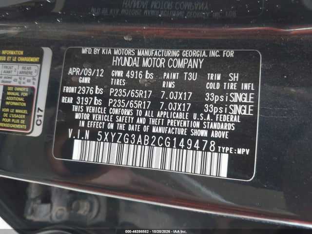 46398582 :رقم المزاد ، 5XYZG3AB2CG149478 vin ، 2012 Hyundai Santa Fe Gls مزاد بيع