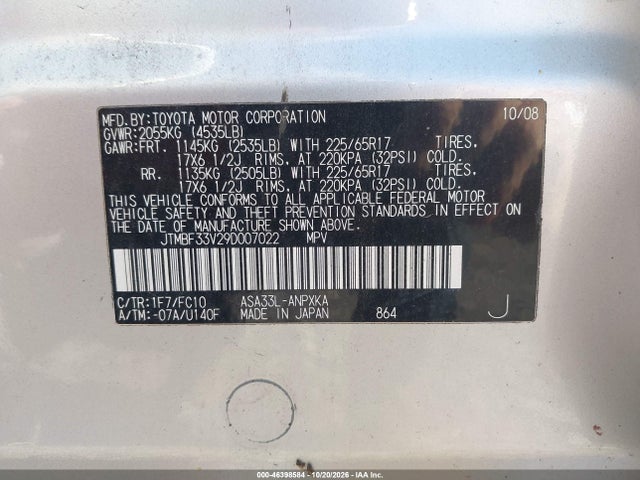 46398584 :رقم المزاد ، JTMBF33V29D007022 vin ، 2009 Toyota Rav4 مزاد بيع