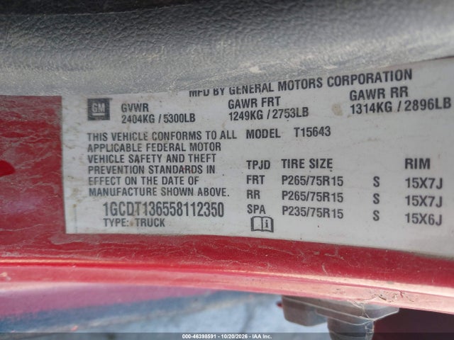 Auction sale of the 2005 Chevrolet Colorado Ls, vin: 1GCDT136558112350, lot number: 46398591