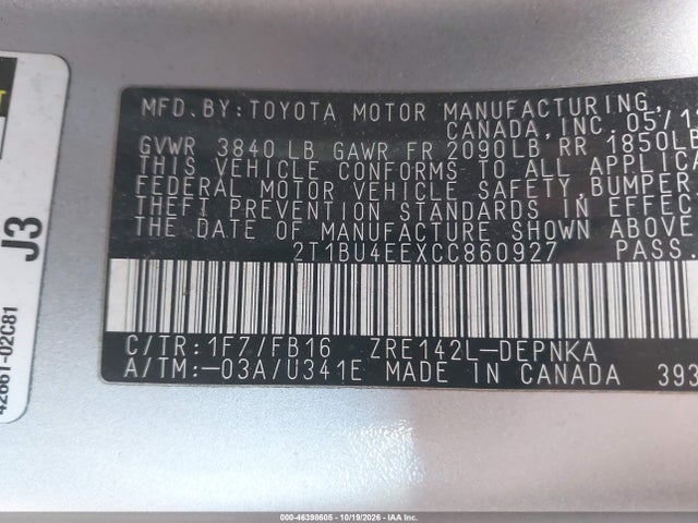 Продаж на аукціоні авто 2012 Toyota Corolla Le, vin: 2T1BU4EEXCC860927, номер лоту: 46398605