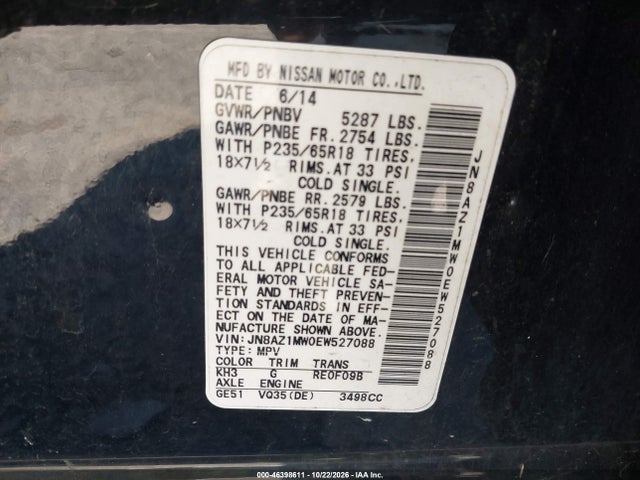 Aukcja sprzedaży 2014 Nissan Murano S, vin: JN8AZ1MW0EW527088, numer aukcji: 46398611