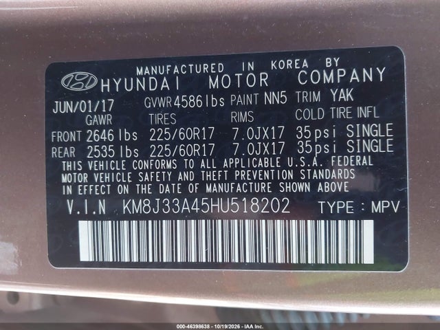 Продажа на аукционе авто 2017 Hyundai Tucson Se, vin: KM8J33A45HU518202, номер лота: 46398638