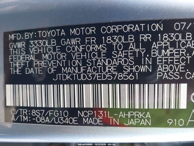 Aukcja sprzedaży 2014 Toyota Yaris Le (tmc/cbu Plant), vin: JTDKTUD37ED578561, numer aukcji: 46398680